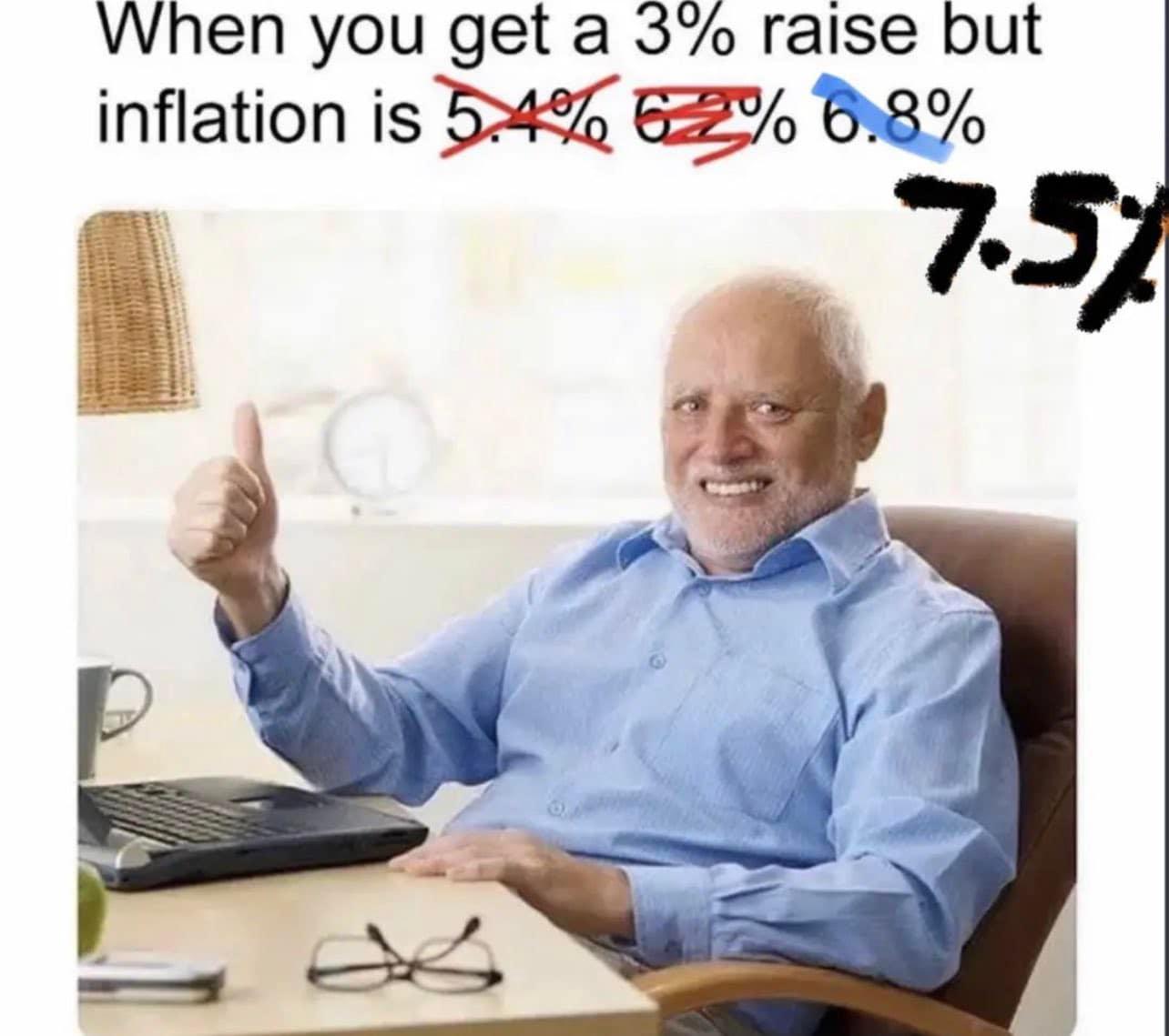 This meme is a humorous take on a stock market scenario. The image shows a person sitting at a desk, with a caption that reads: "When you get a 3% raise but inflation is 7.5%". The text is written in a playful, sarcastic tone, implying that the person's raise is not enough to keep up with the rising cost of living.